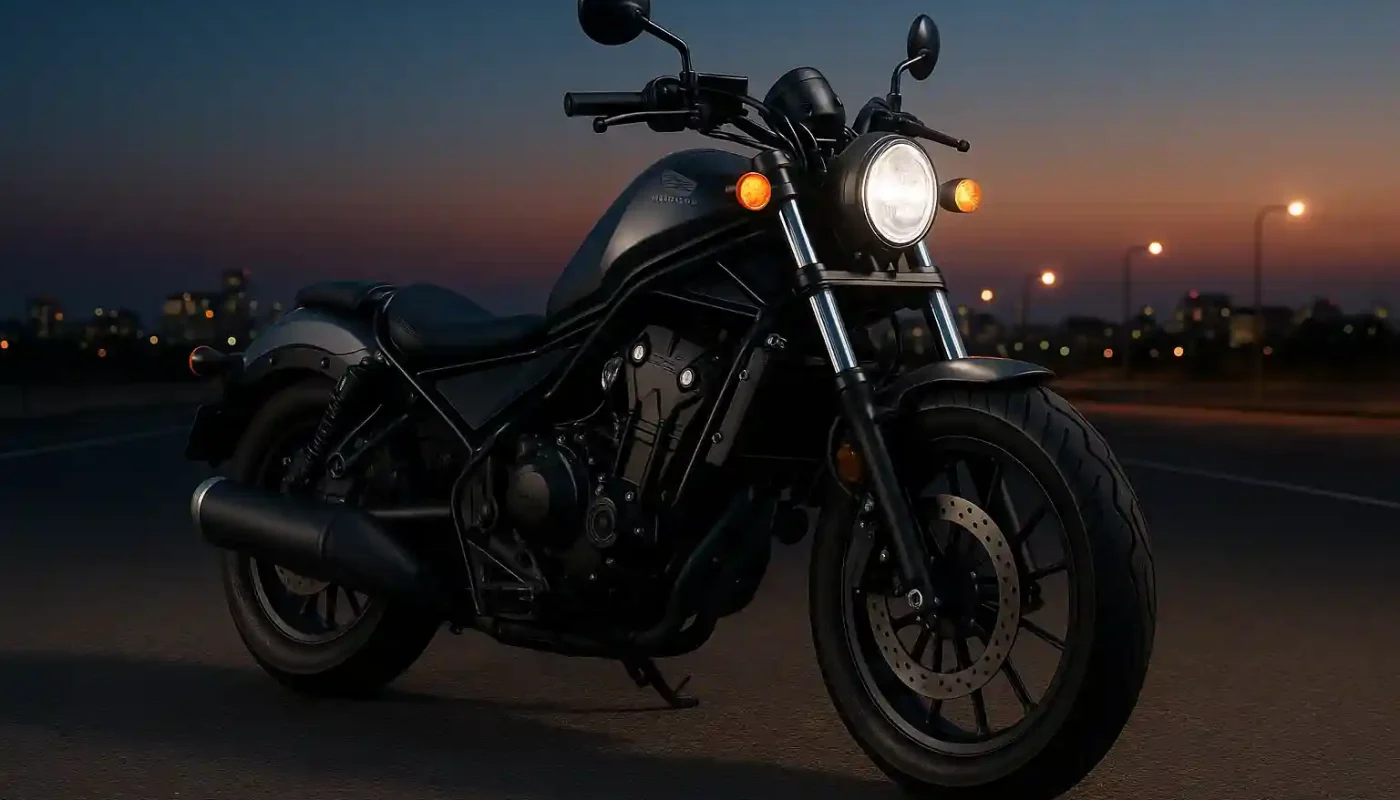 2025 Honda Rebel 500 cruising through city streets at dusk.